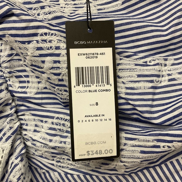 BCBGMAXAZRIA  One Shoulder Embroidered Stripe Dress Blue Combo Size 8 NWT - Picture 5 of 9